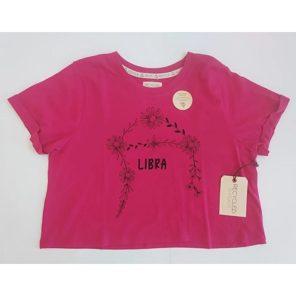 NWT Ladies Recycled Threads Hot Pink Embroidered LIBRA Cropped T-Shirt Size M